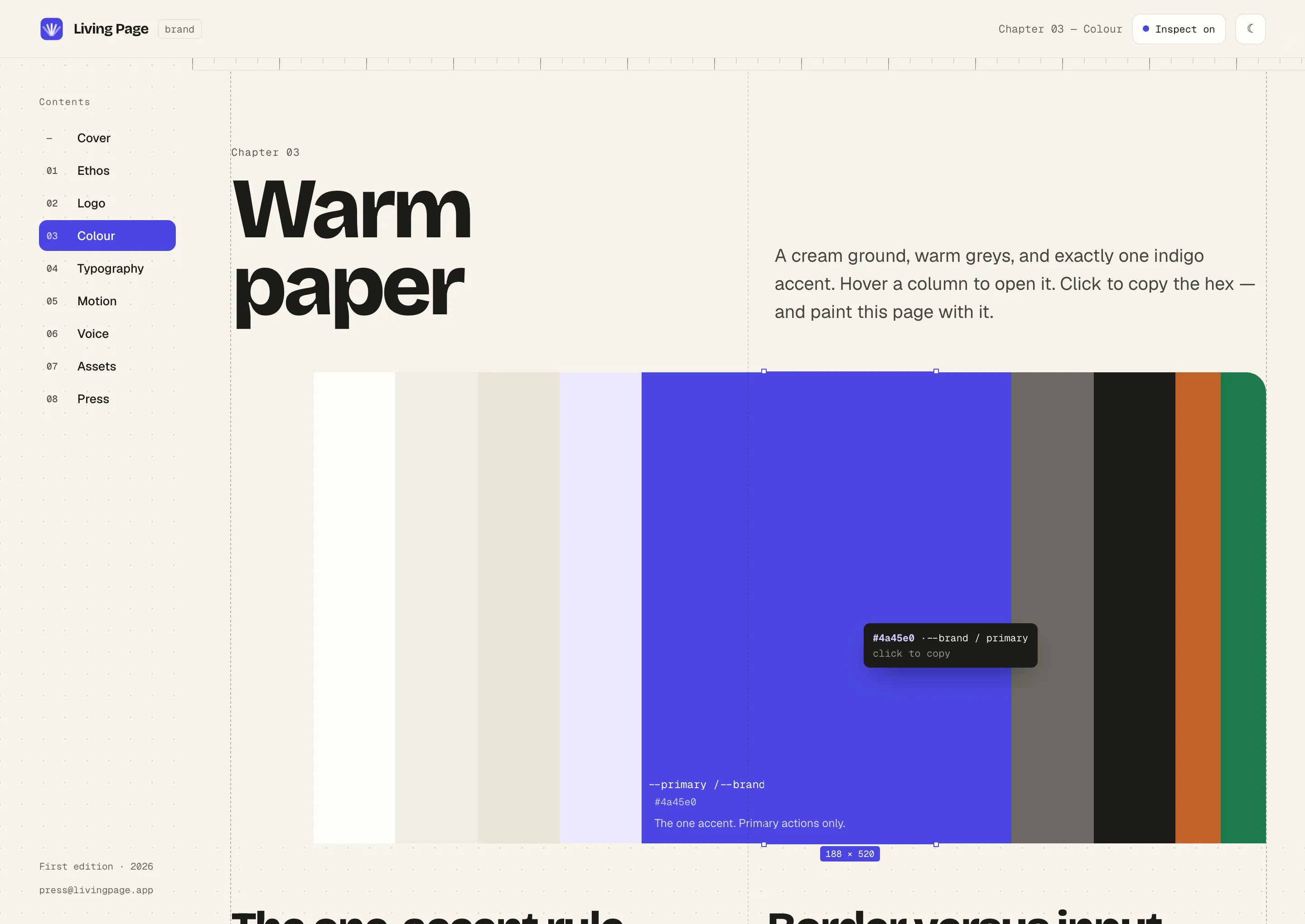 The colour chapter: ten colour columns across the page with the indigo one opened, showing the token name --primary / --brand, the hex #4a45e0, and the note “The one accent. Primary actions only.” A tooltip above it offers to copy the hex.