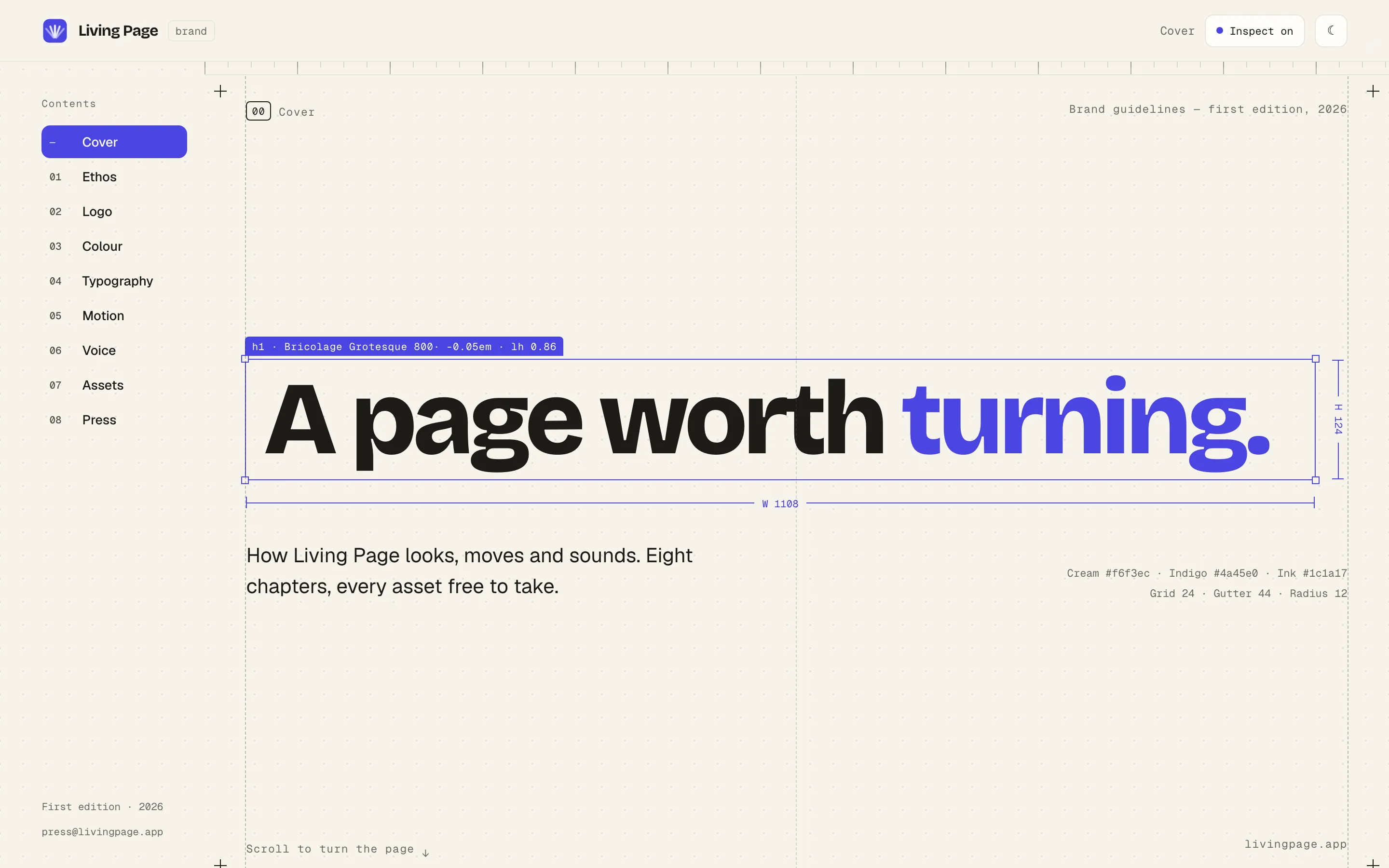 The brand book cover: a contents rail listing the eight chapters down the left, and the headline “A page worth turning.” enclosed in a measured box labelled with its font, weight, tracking and line height, with width and height dimension lines drawn around it.
