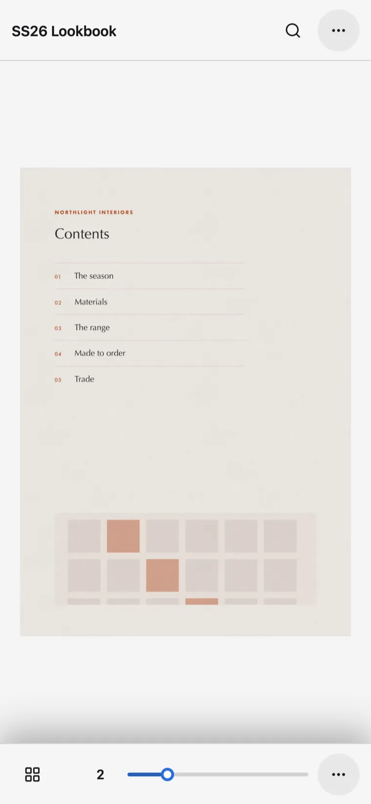 The reader on a phone: one page fills the screen, with a compact bar at the top carrying the document title, search and a menu button, and a slim bar at the bottom with a contents button, the page number and a progress slider.